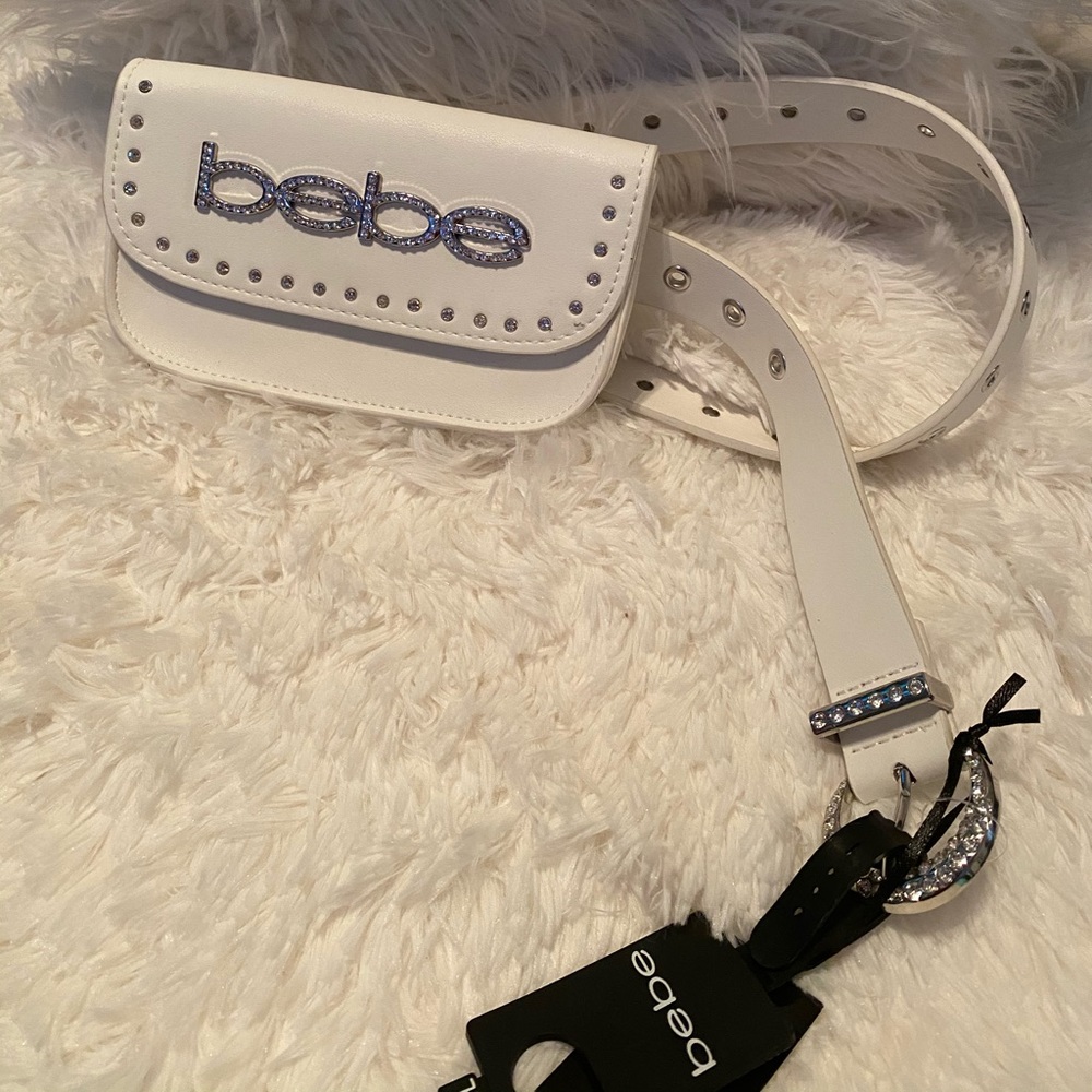 White BEBE Side Belt Bag SWAROVSKI Crystals